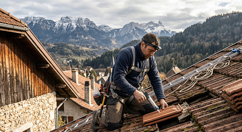 Couvreur en Is&egrave;re r&eacute;parant une toiture